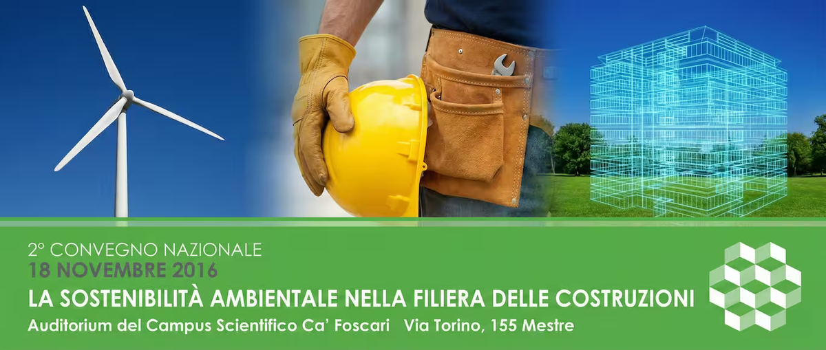 Composizione grafica sull'edilizia sostenibile con un operaio col caschetto giallo, una pala eolica e un edificio in 3D.