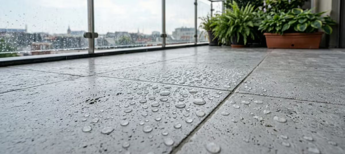 Acqua piovana che forma gocce perfette e scivola via su un terrazzo esterno protetto con nanotecnologia professionale