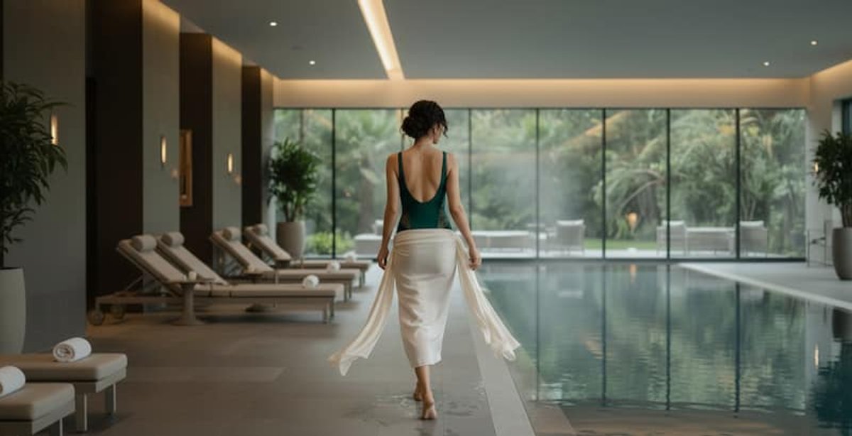 donna cammina bordo piscina spa