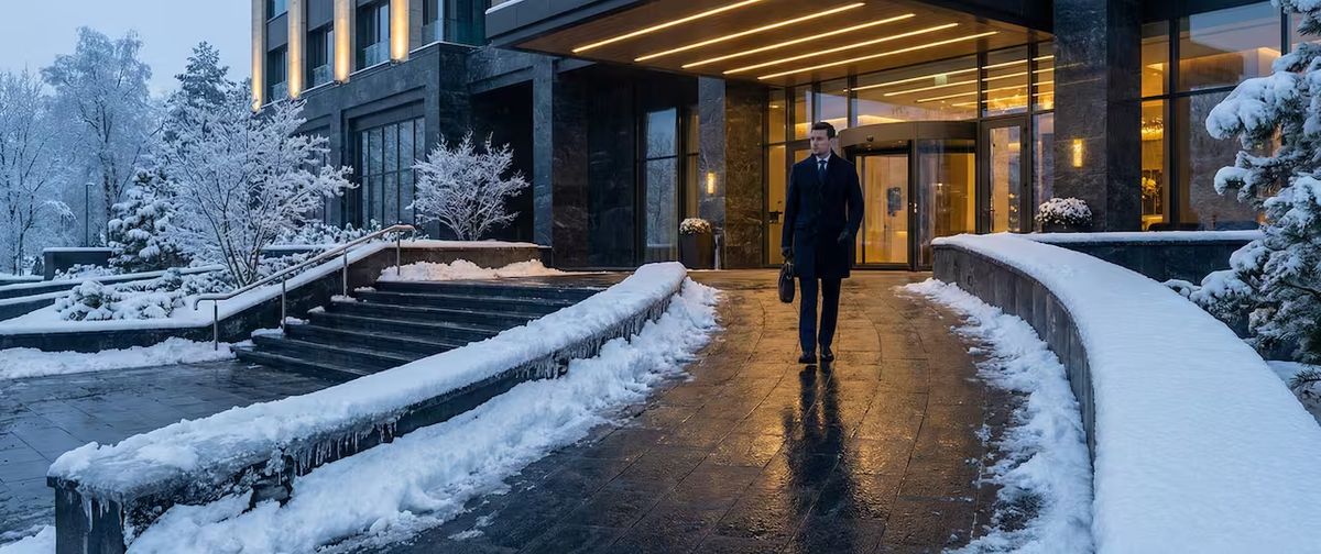 Ingresso hotel con rampa esterna sicura e antighiaccio grazie al trattamento antiscivolo Tekno Touch e Eco Touch.