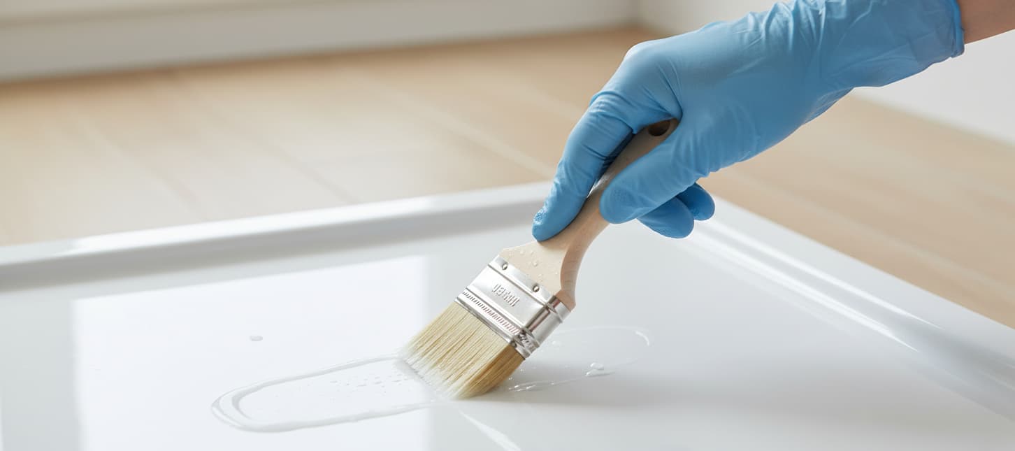 Applicazione trattamento antiscivolo Keeper Kit su piatto doccia in ceramica con pennello