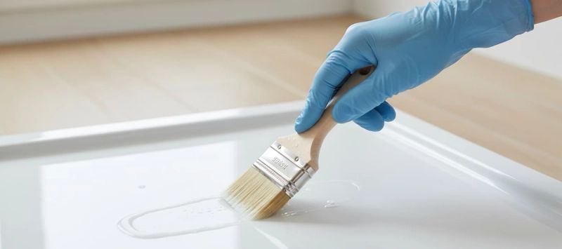 Applicazione trattamento antiscivolo Keeper Kit su piatto doccia in ceramica con pennello