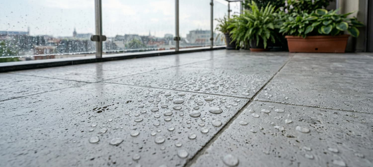 Acqua piovana che forma gocce perfette e scivola via su un terrazzo esterno protetto con nanotecnologia professionale