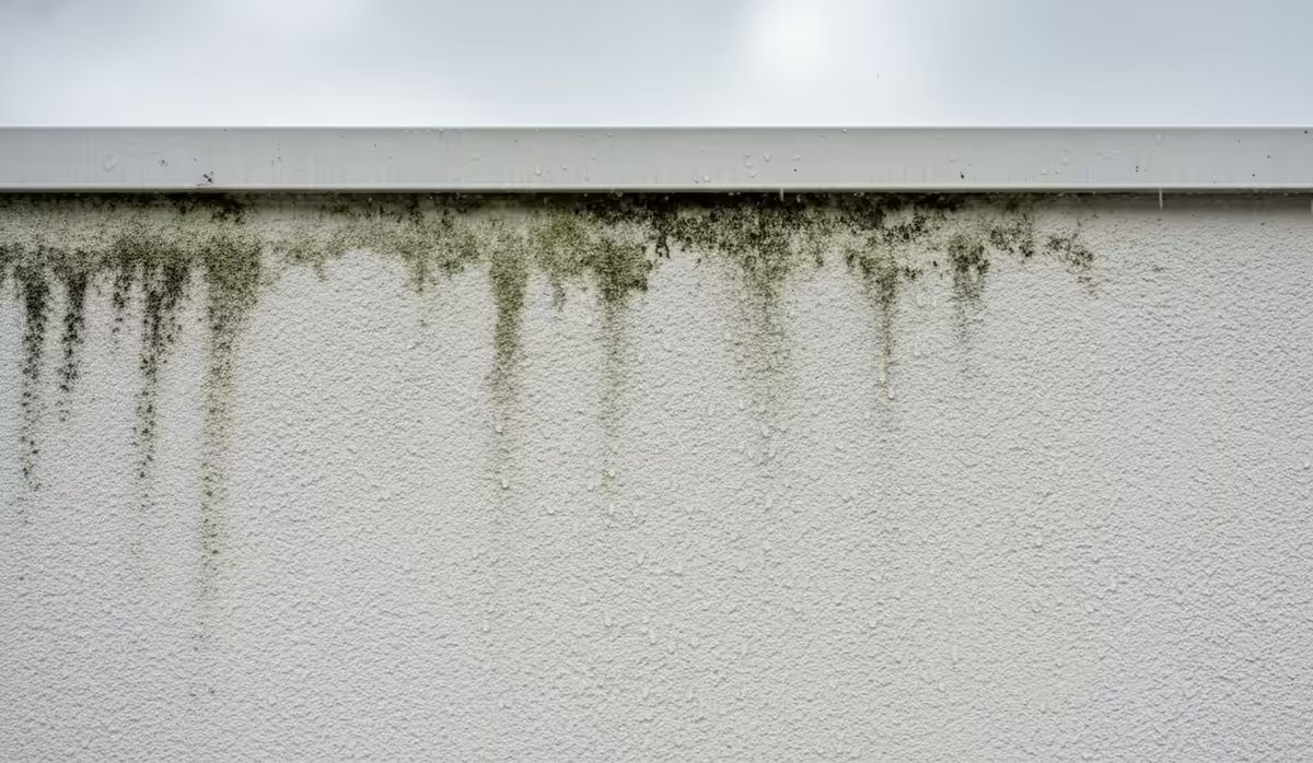 Immagine di una facciata esterna non protetta con muffa e infiltrazioni d'acqua