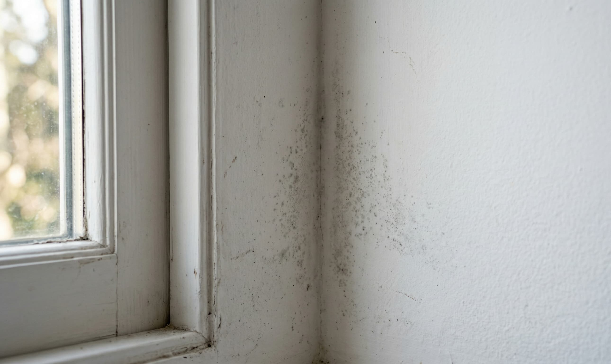 Annerimenti e muffa da condensa nell'angolo tra parete e infisso, tipico problema di ponte termico risolvibile con il Kit Muro Perfetto.