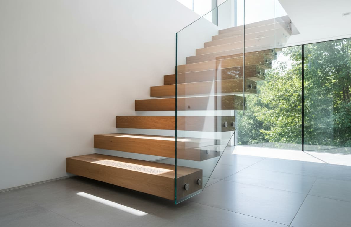 Uno scatto architettonico di una moderna scala interna in legno a sbalzo. La luce naturale colpisce i gradini. Antiscivolo con keeper spray.