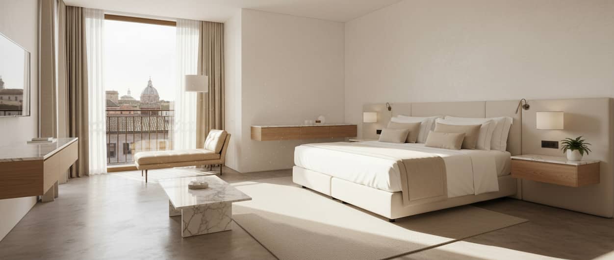 Camera disinfettata con nanotecnologia R21 Smart Coating per garantire igiene e sicurezza agli ospiti.