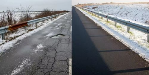 Confronto visivo dei danni del sale stradale: a sinistra asfalto corroso e ruggine, a destra una strada sicura e protetta con l'alternativa ecologica Eco touch.