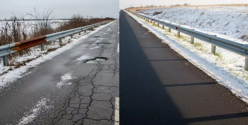 Confronto visivo dei danni del sale stradale: a sinistra asfalto corroso e ruggine, a destra una strada sicura e protetta con l'alternativa ecologica Eco touch.
