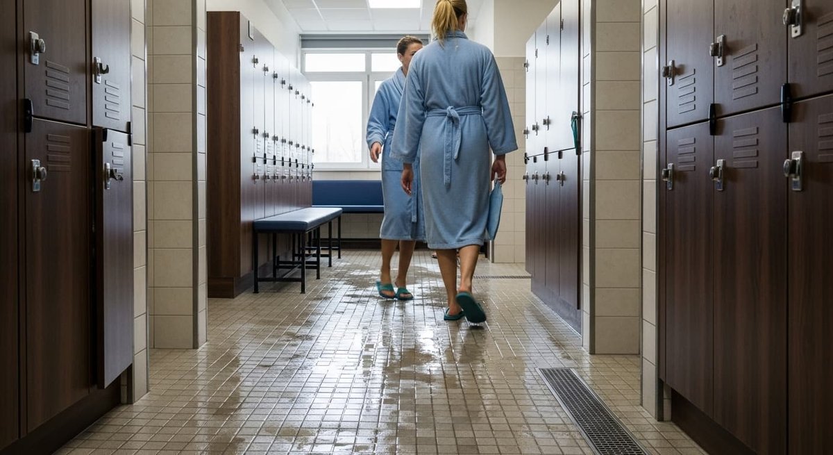 Donne camminano in uno spogliatoio con pavimento bagnato