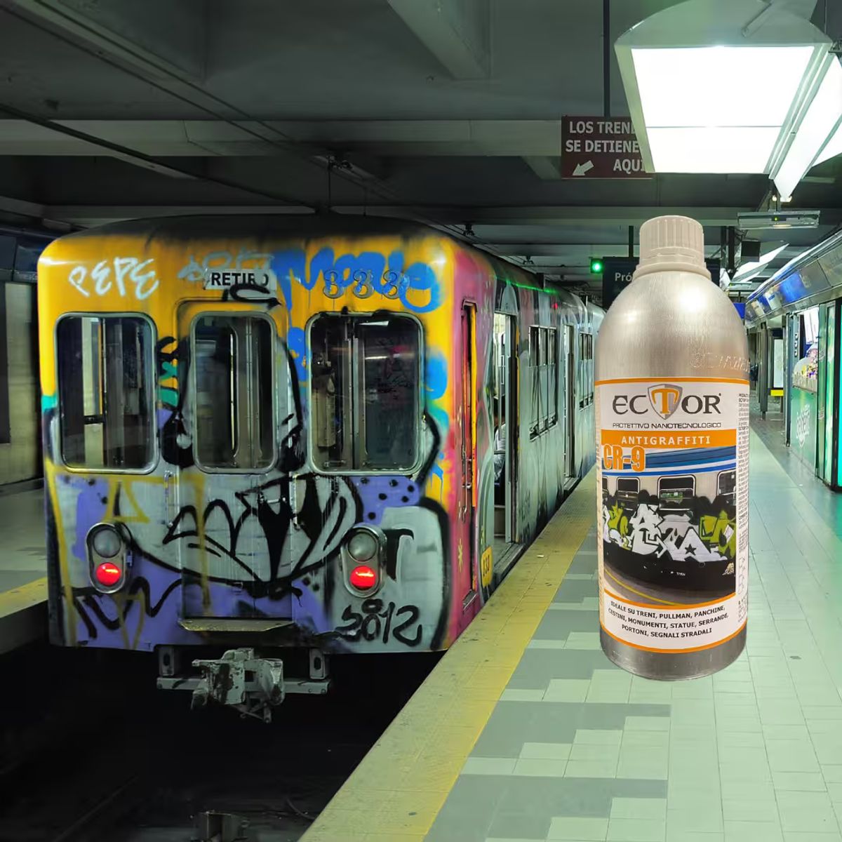 Confronto prima e dopo rimozione graffiti su vagone ferroviario trattato con Ector CR-9