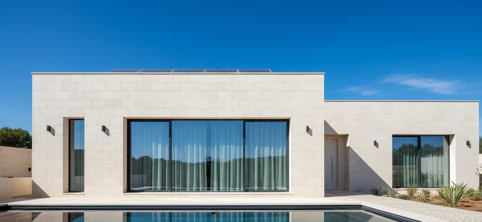 Facciata esterna di villa moderna perfettamente asciutta e pulita, esempio di isolamento termico ed efficienza energetica.