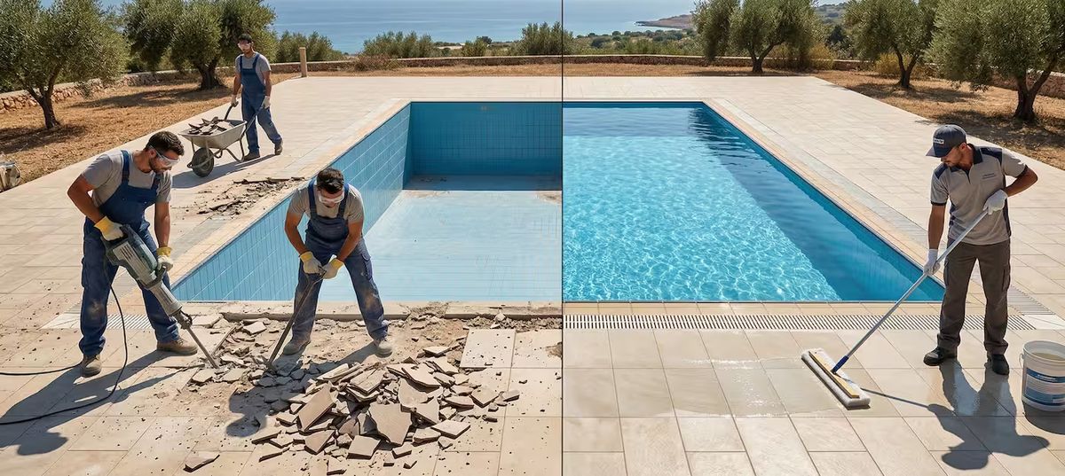 Fotografia panoramica con effetto split-screen che mostra due scenari paralleli della stessa area piscina. A sinistra, tre operai sono impegnati nella demolizione di una pavimentazione esterna in gres con martelli pneumatici e una carriola, accanto a una piscina vuota con piastrelle azzurre. A destra, nella stessa inquadratura, un tecnico applica un trattamento antiscivolo con un vello stendicera sulla pavimentazione integra e lucida, accanto alla piscina piena d'acqua cristallina.