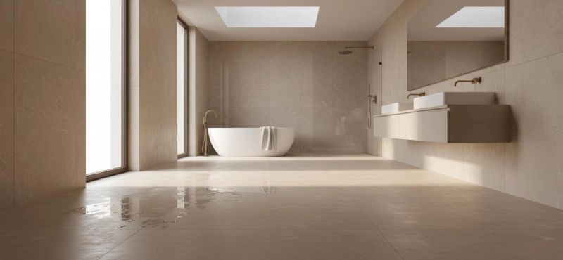 Pavimento bagno in gres bagnato, rischio scivolamento e sicurezza domestica antiscivolo.