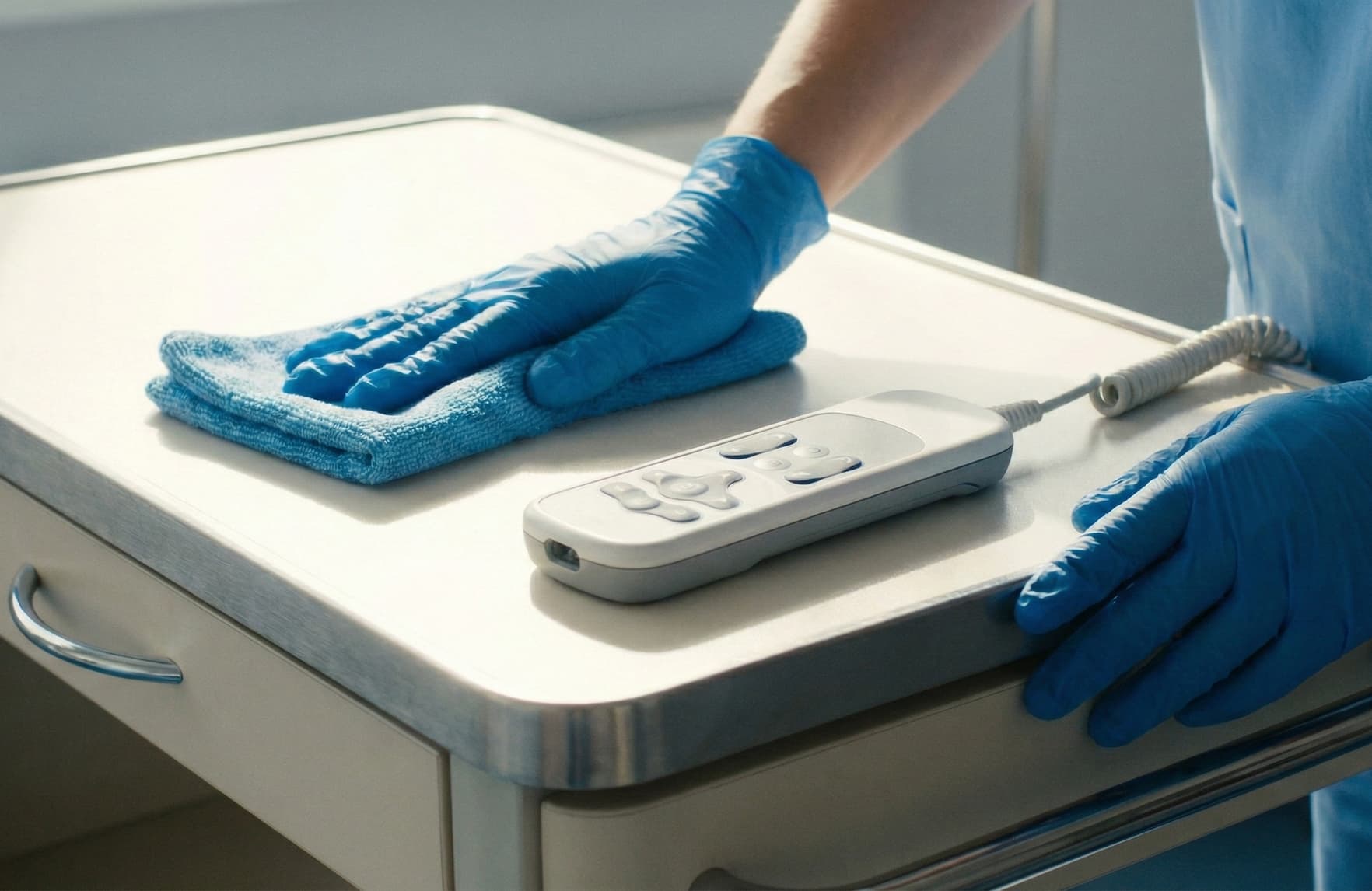 operatore pulisce superficie di un comodino ospedaliero con R21 cleaner per preservare disinfezione di R21 Smart Coating