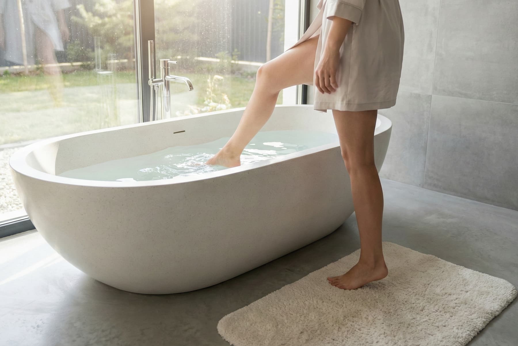 Donna si accinge ad entrare in vasca da bagno antiscivolo trattata con keeper kit