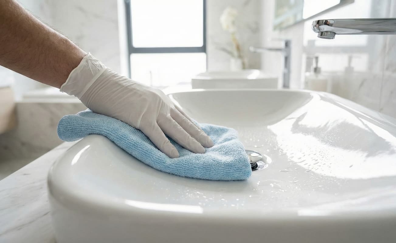 Applicazione del trattamento ECTOR B-10 su un lavabo in ceramica con panno in microfibra.