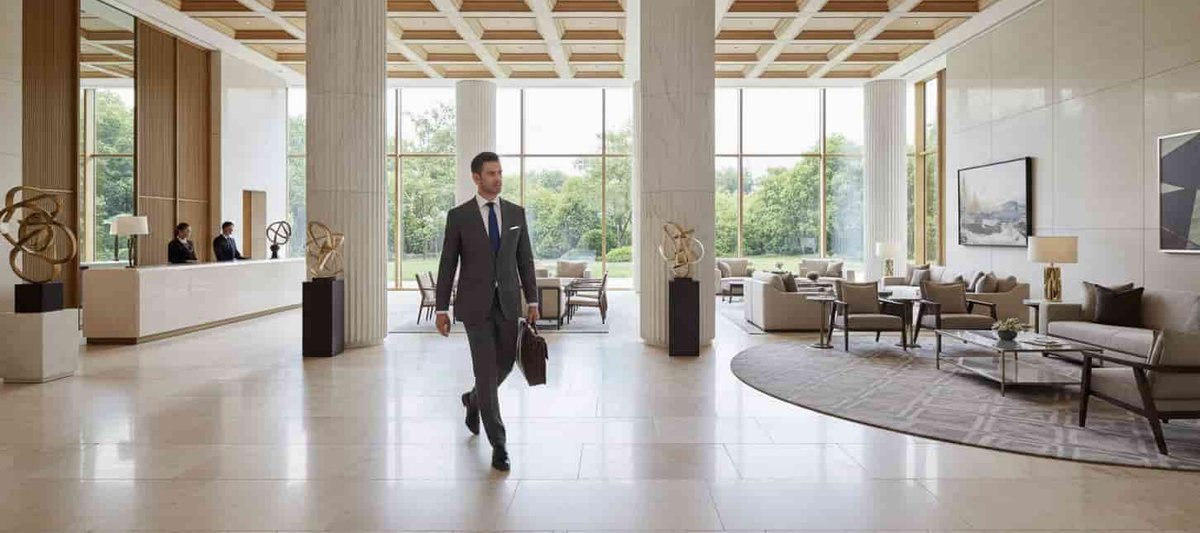 Hall hotel lusso con pavimento in marmo lucido trattato con sistema antiscivolo certificato Tekno Touch.