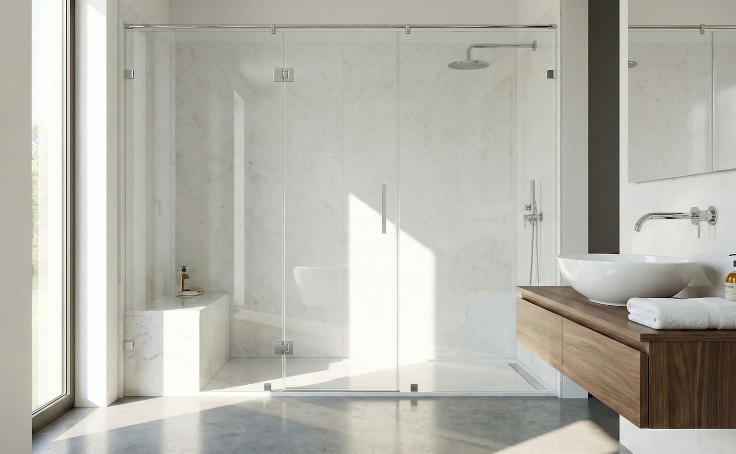 Bagno moderno di lusso con box doccia in vetro e sanitari in ceramica perfettamente puliti e brillanti, protetti dal trattamento nanotecnologico ECTOR B-10.