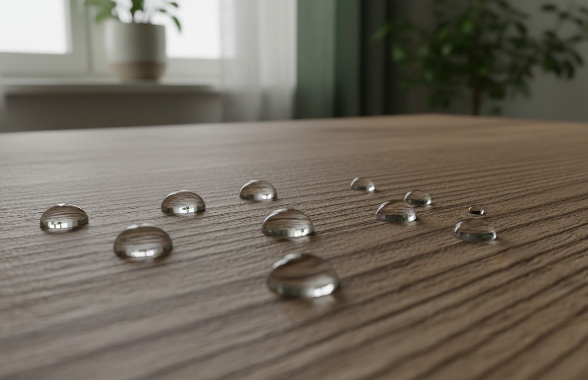 foto tavolo interno legno grezzo trattato: macro su gocce effetto loto 