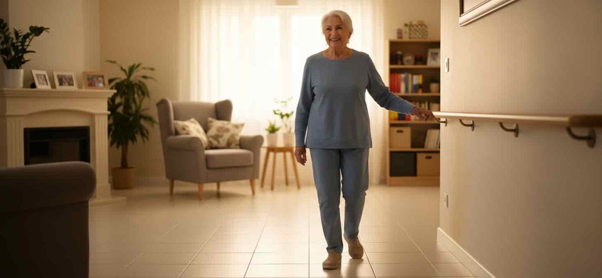 Persona anziana cammina sicura in casa, prevenzione cadute e infortuni domestici.