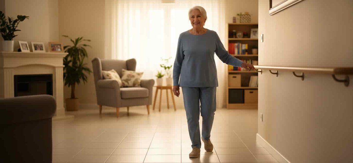 Persona anziana cammina sicura in casa, prevenzione cadute e infortuni domestici.