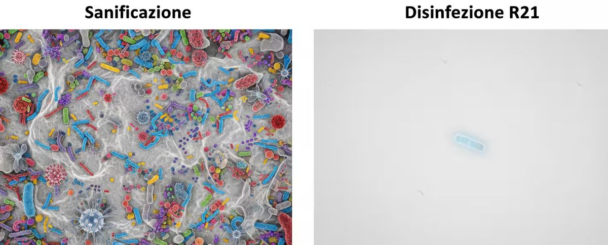 Confronto tra detergente igienizzante e disinfettante presidio medico chirurgico PMC.