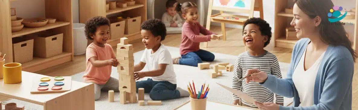 A bright classroom setting where four young children are happily playing with wooden building blocks on a rug, while a teacher sits nearby and engages with them.