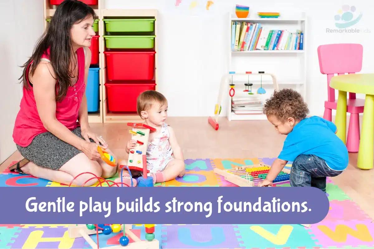 Caregiver and children engaging in gentle play with educational toys.