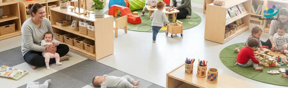A wide interior view of a spacious early learning center featuring several infants and toddlers playing with various educational toys on soft mats, supervised by two teachers.