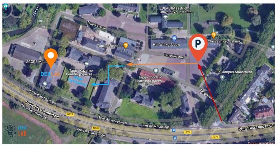 Campus map of the Tapijnkazerne with the route to the DEXLab