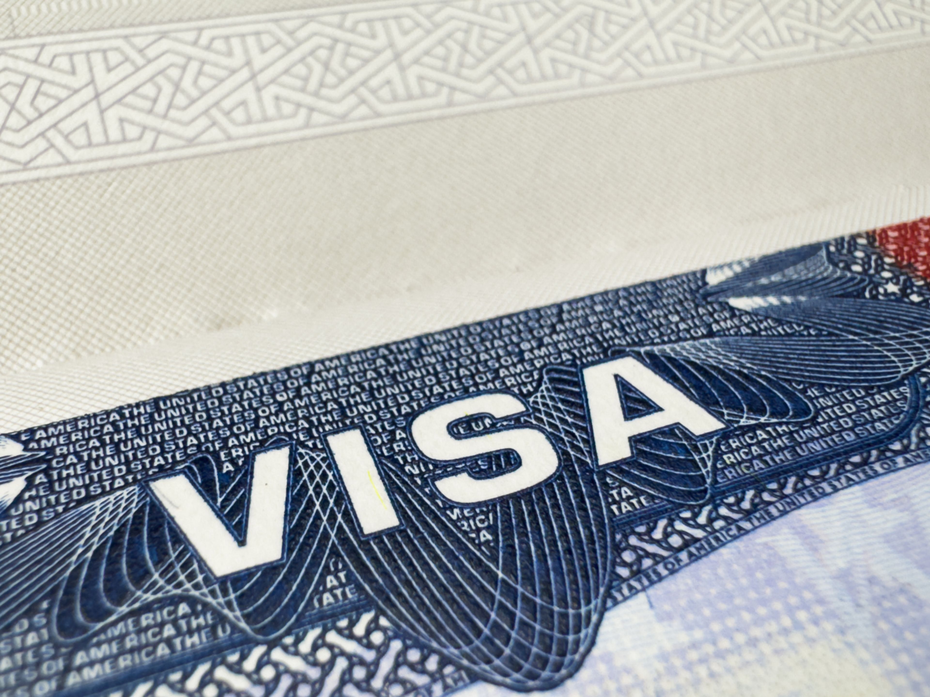Closeup of a U.S. visa document.