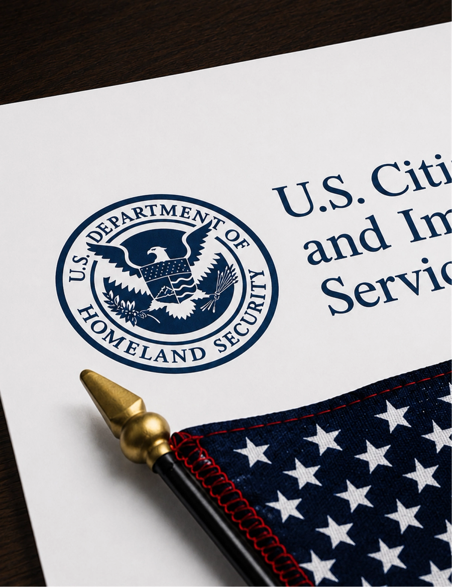 USCIS documents beside an American flag