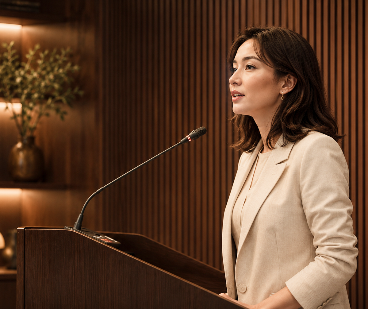 Attorney speaking at a podium