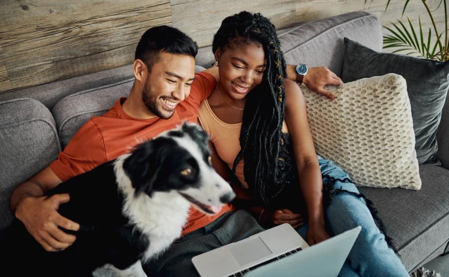 A married man and woman look at a laptop while sitting on a couch with their dog and smiling.