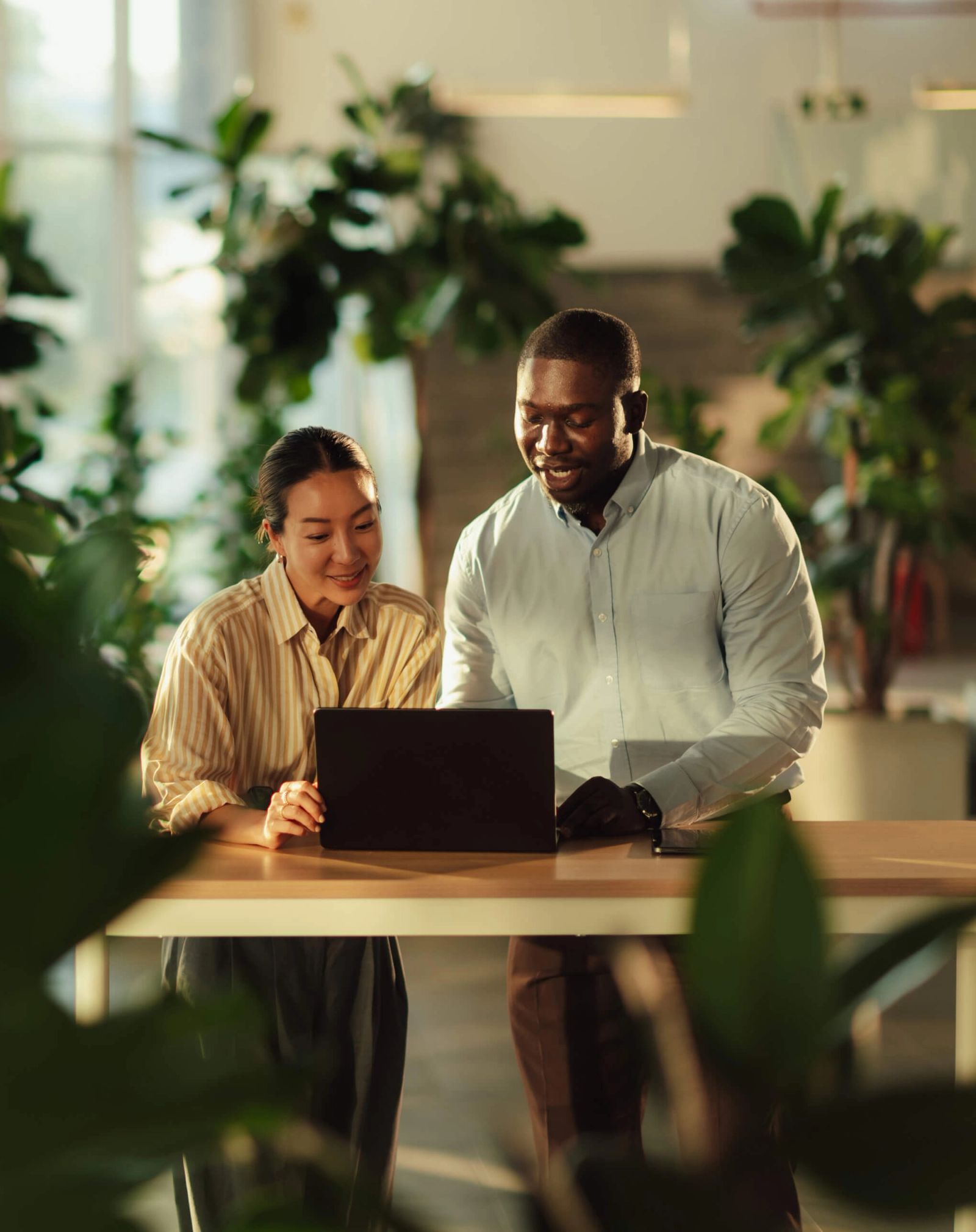 Two colleagues reviewing a laptop together in a plant-filled office.