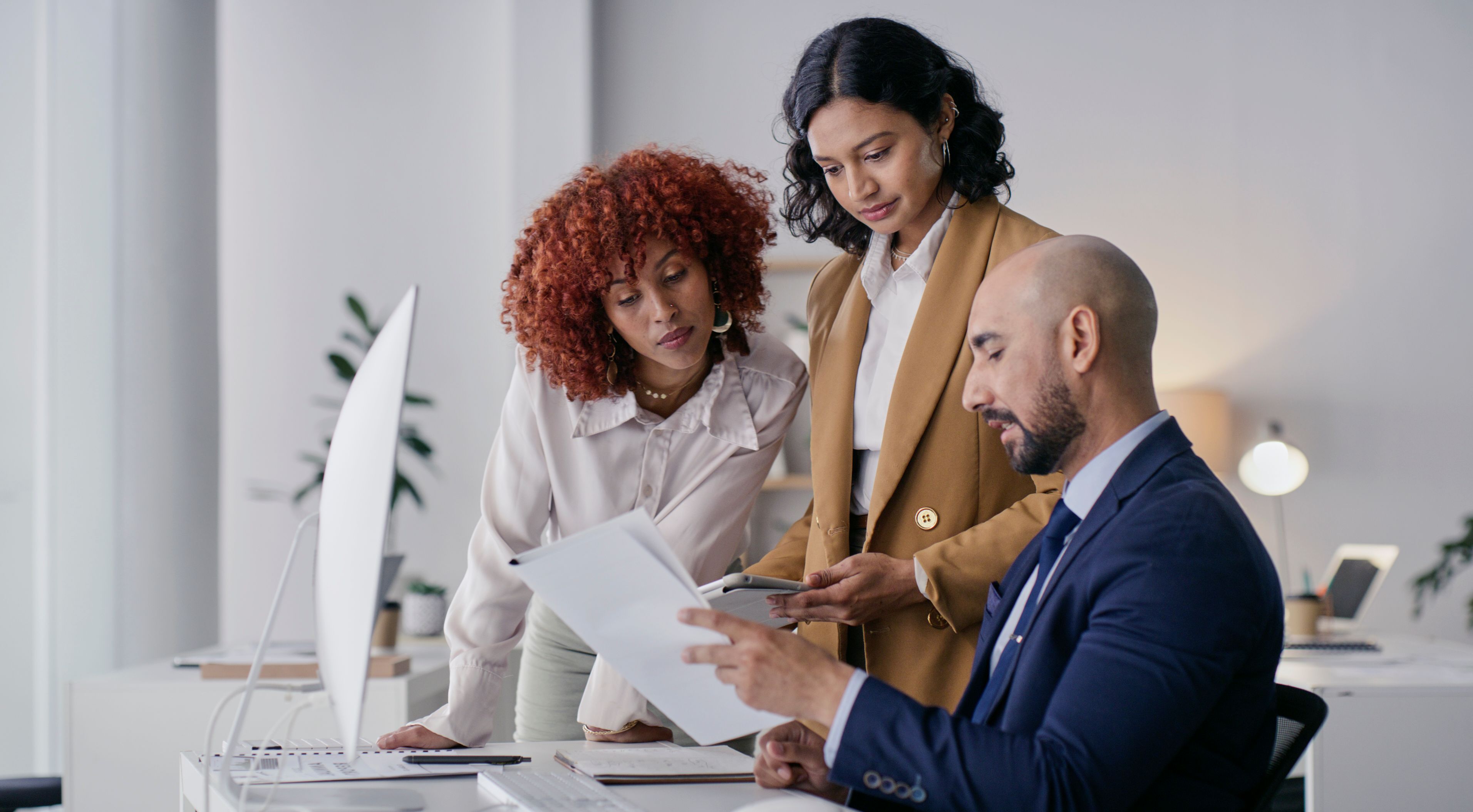 A business team reviewing documents together in a bright office.