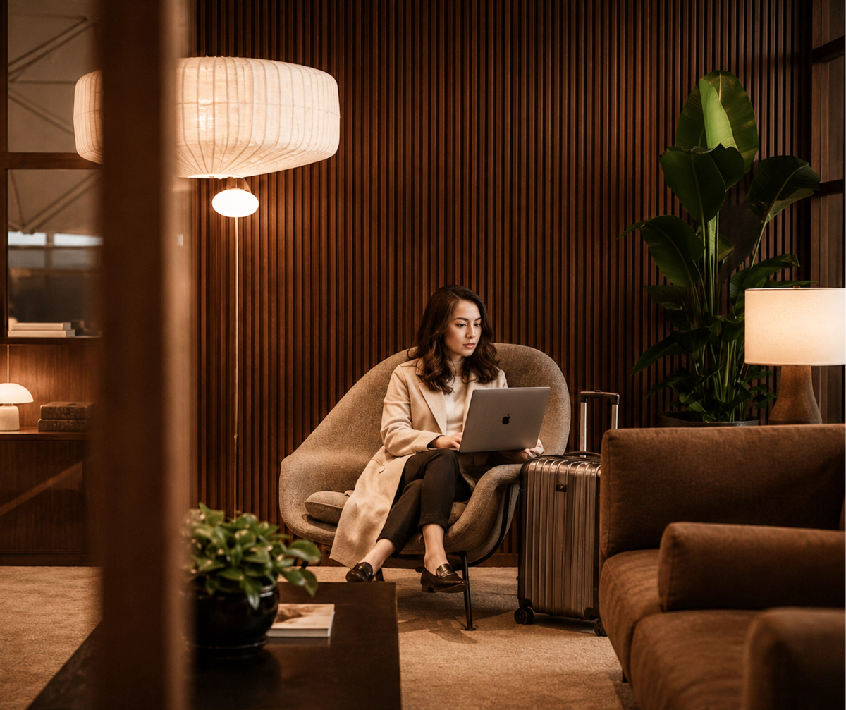 Attorney working remotely from a comfortable lounge