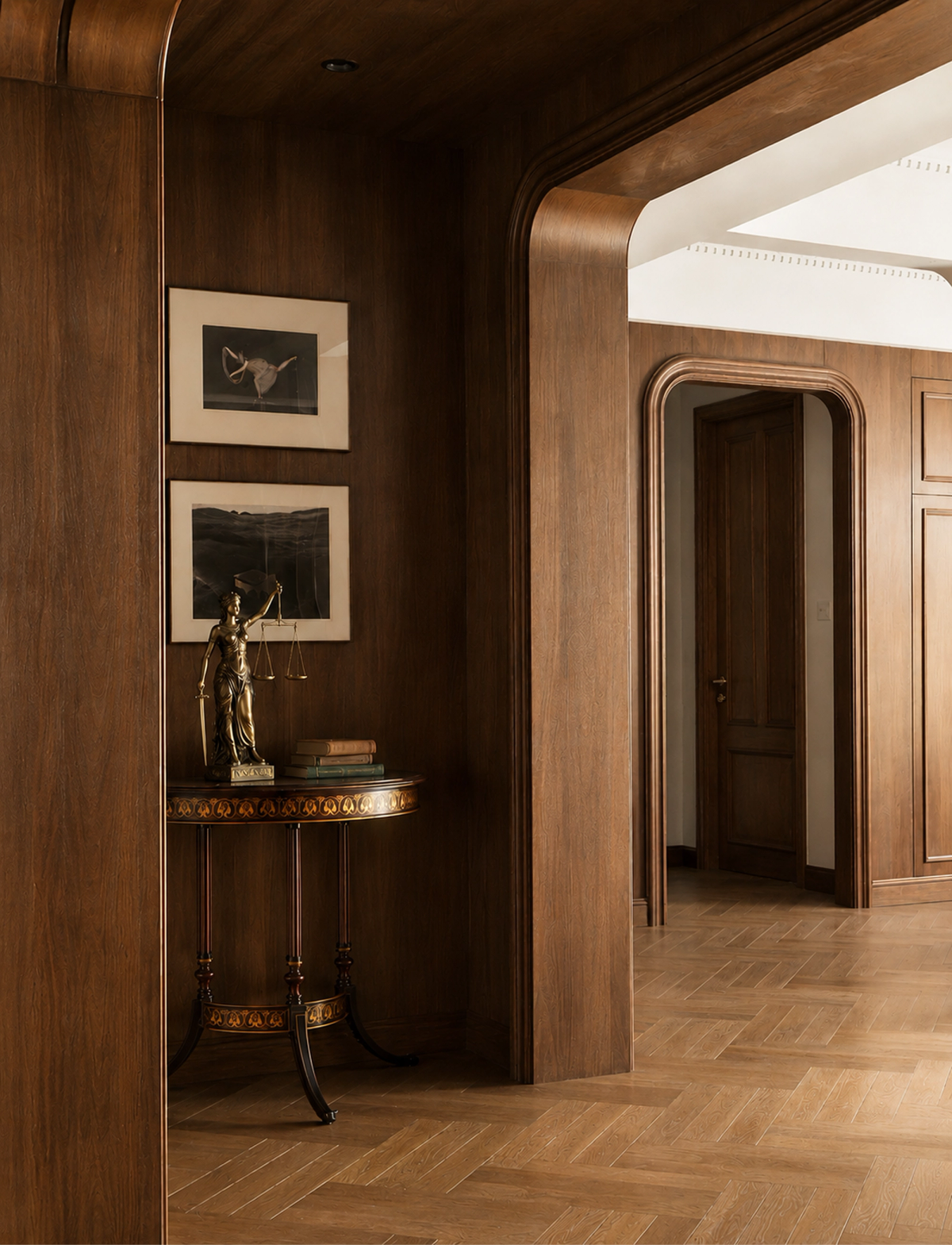 Wood-paneled legal office interior.