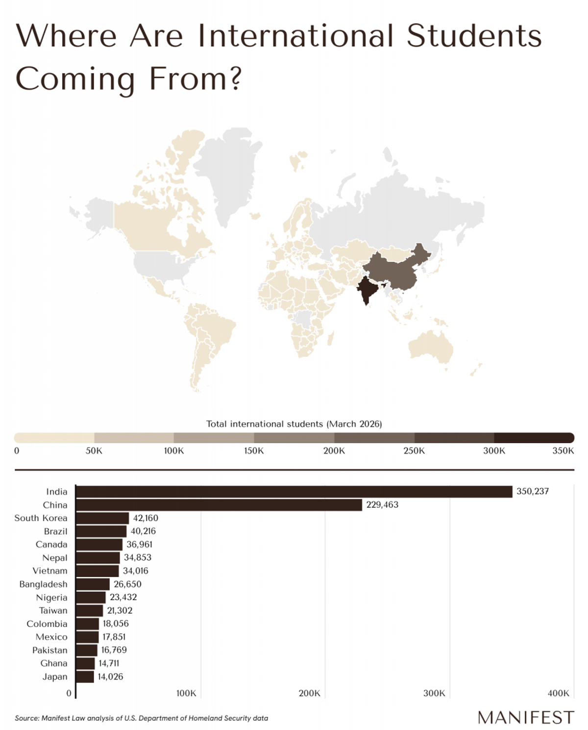 World map showing where international students are coming from, with countries highlighted in different colors for emphasis.