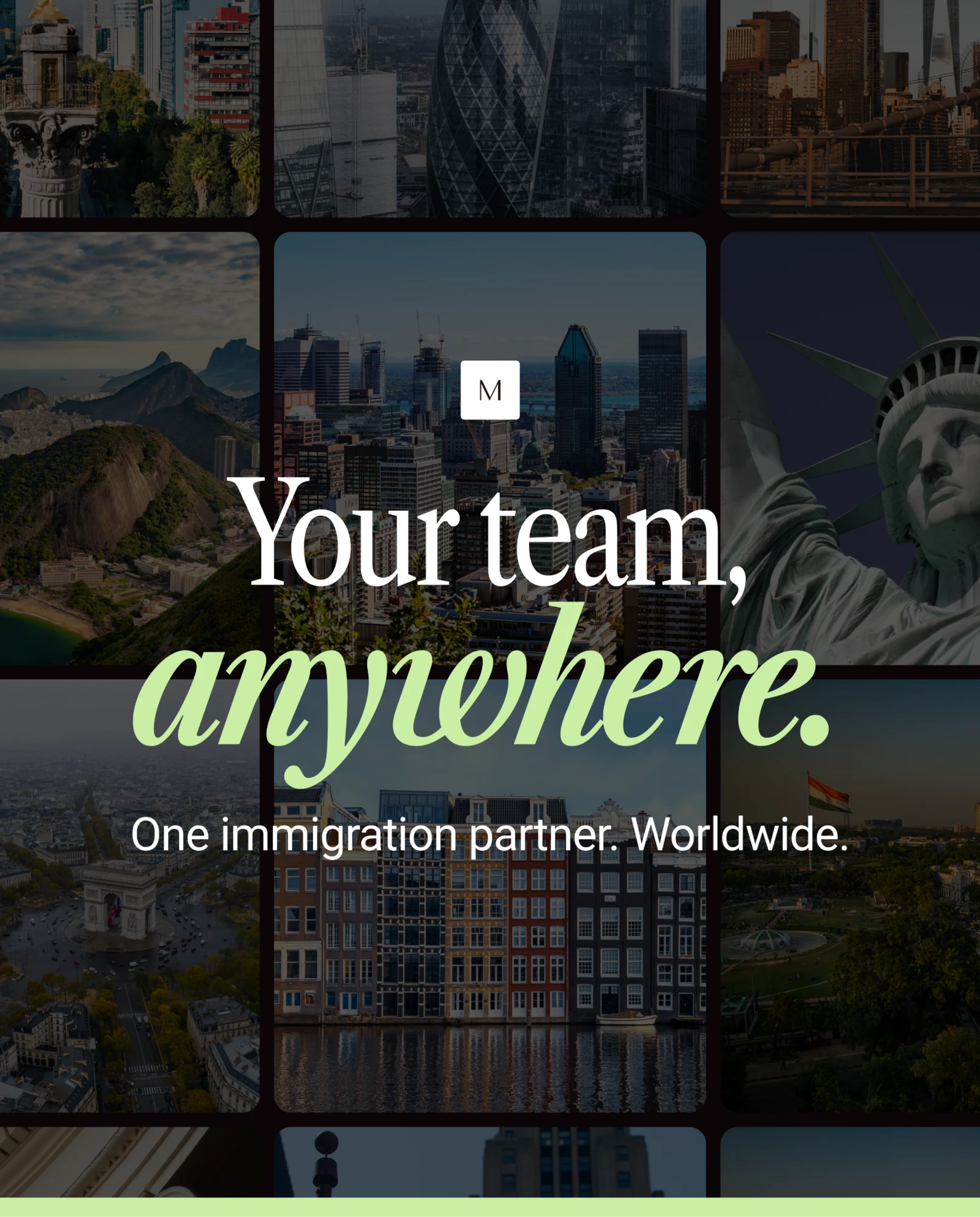 Your team, anywhere. One immigration partner. Worldwide. Manifest logo over a grid of city skylines around the world.