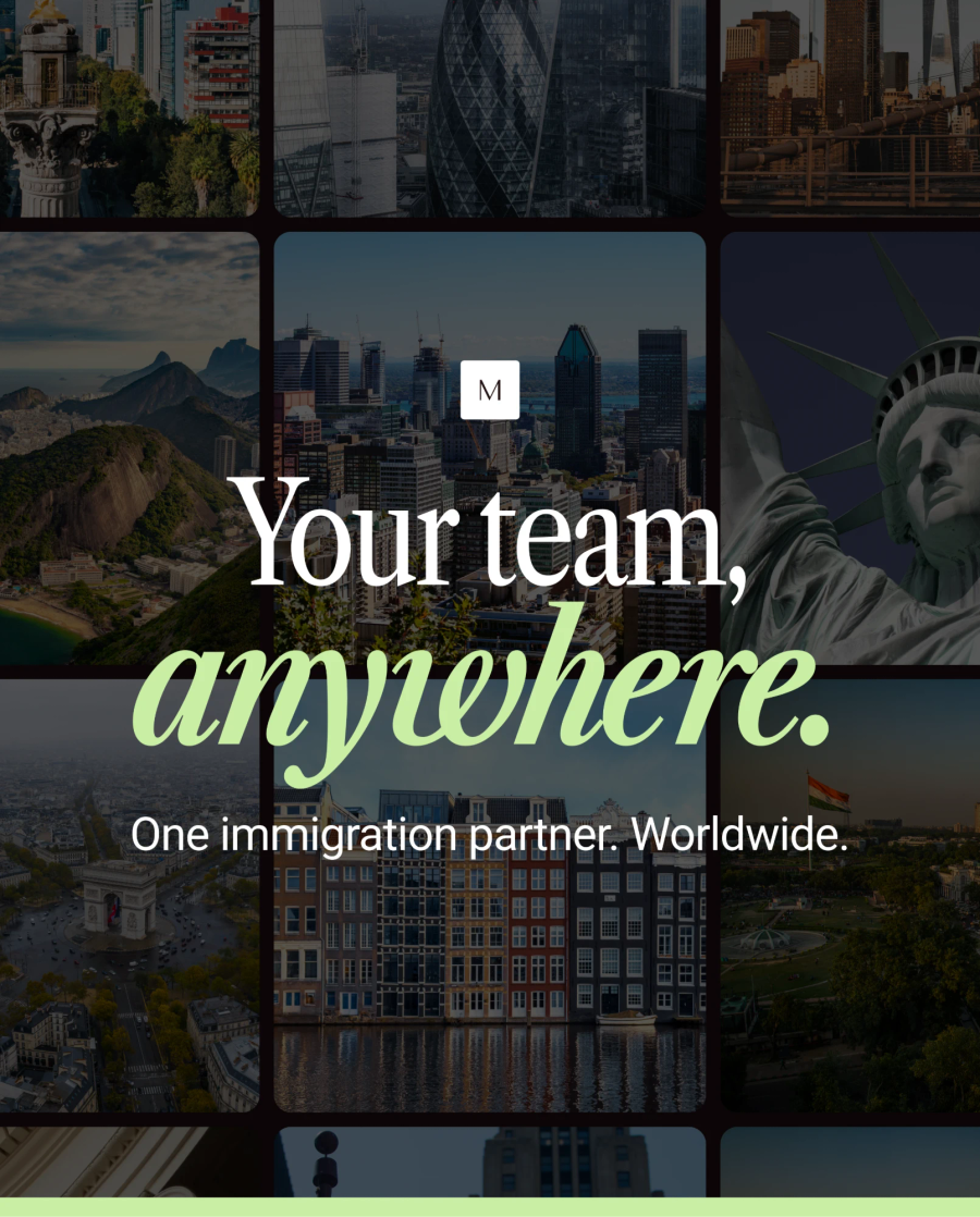 Your team, anywhere. One immigration partner. Worldwide. Manifest logo over a grid of city skylines around the world.