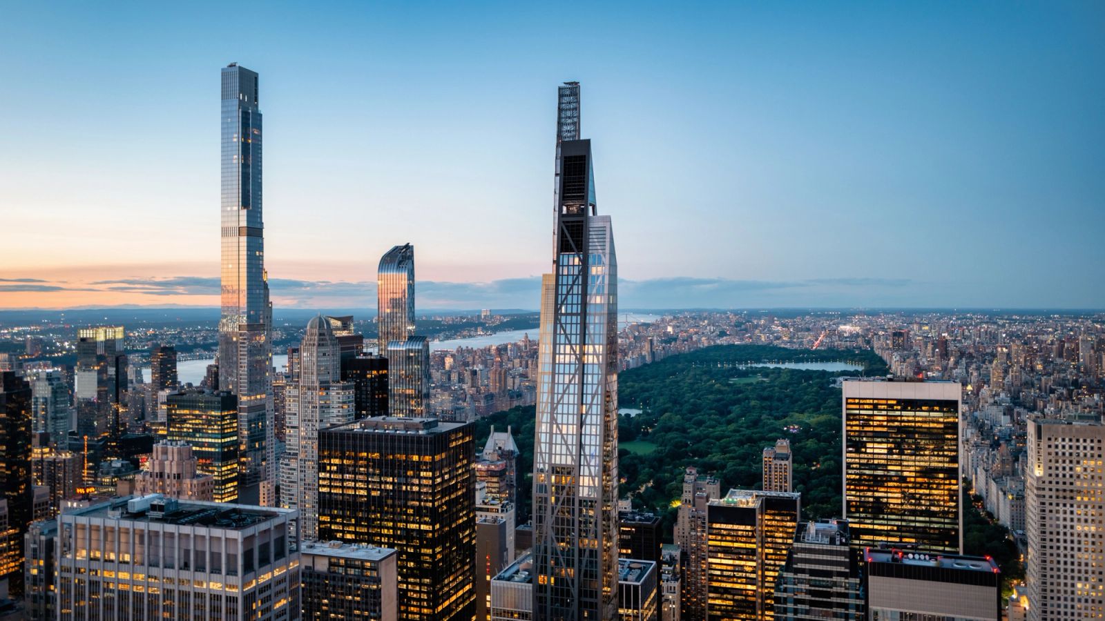 City skyline at dusk.