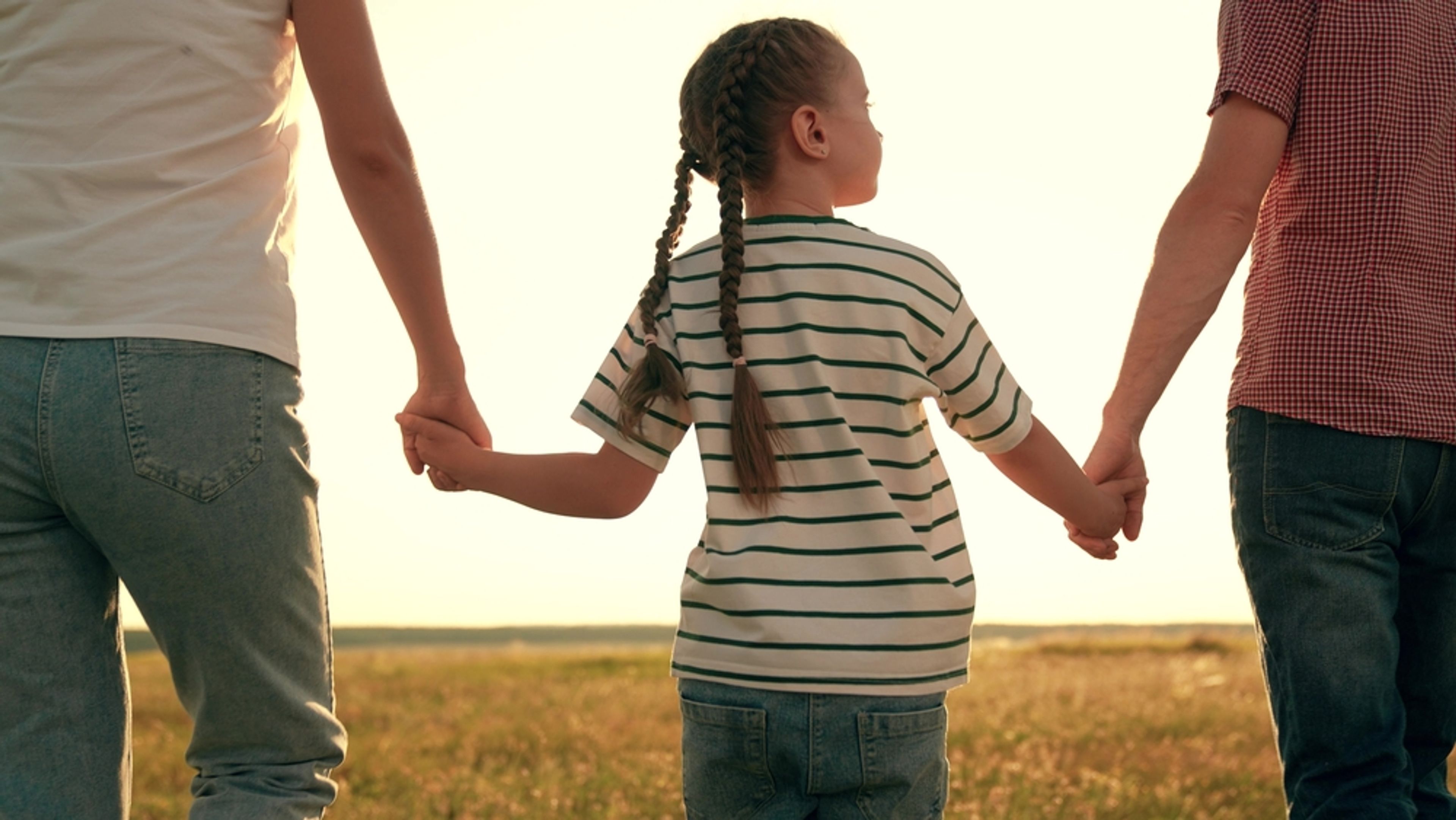 Young girl holding her parents' hands standing in front of a field.