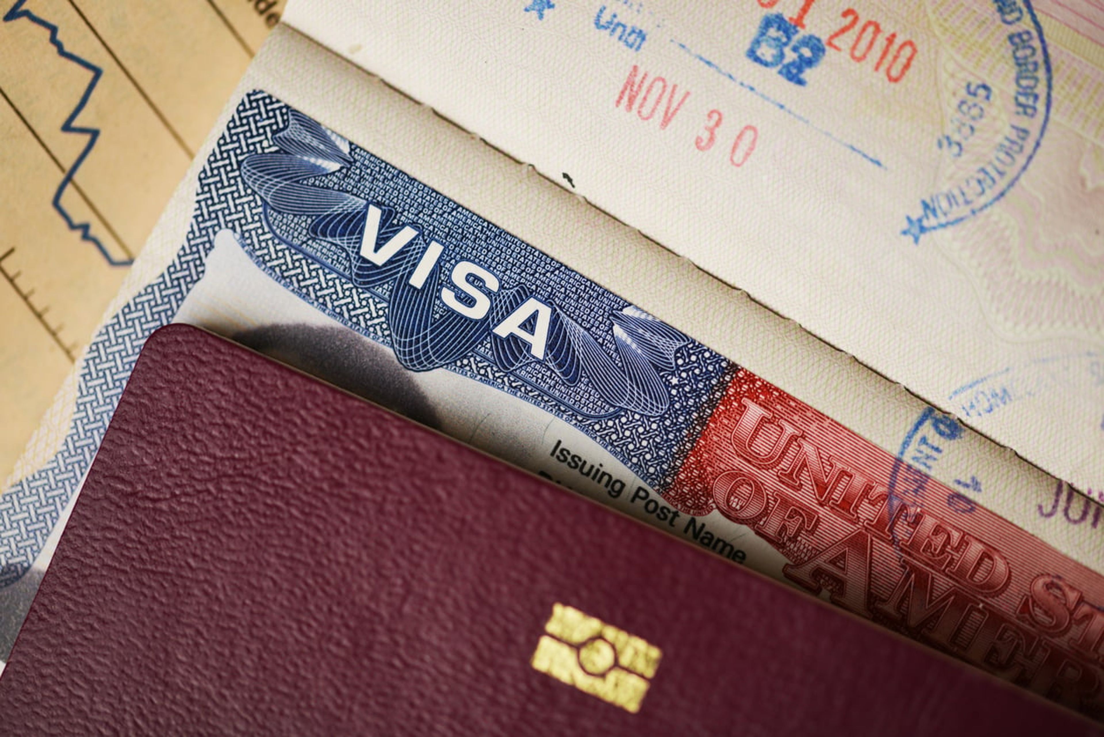 Close-up of a US visa page in a passport for the weekly immigration news roundup