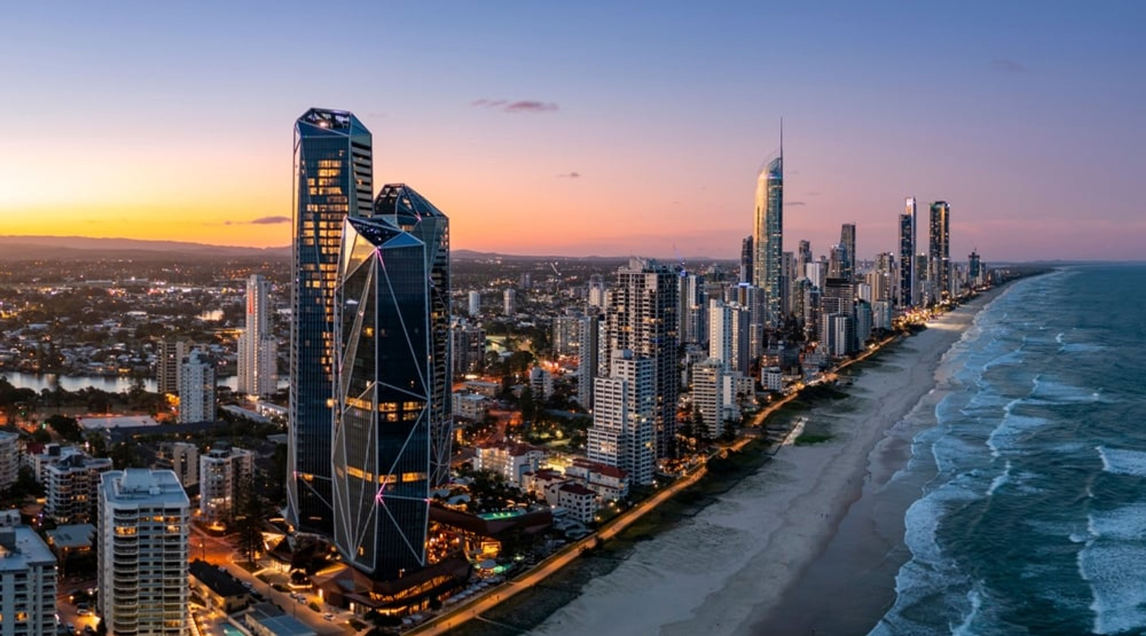 Sunset over the Gold Coast shoreline in Queensland, Australia