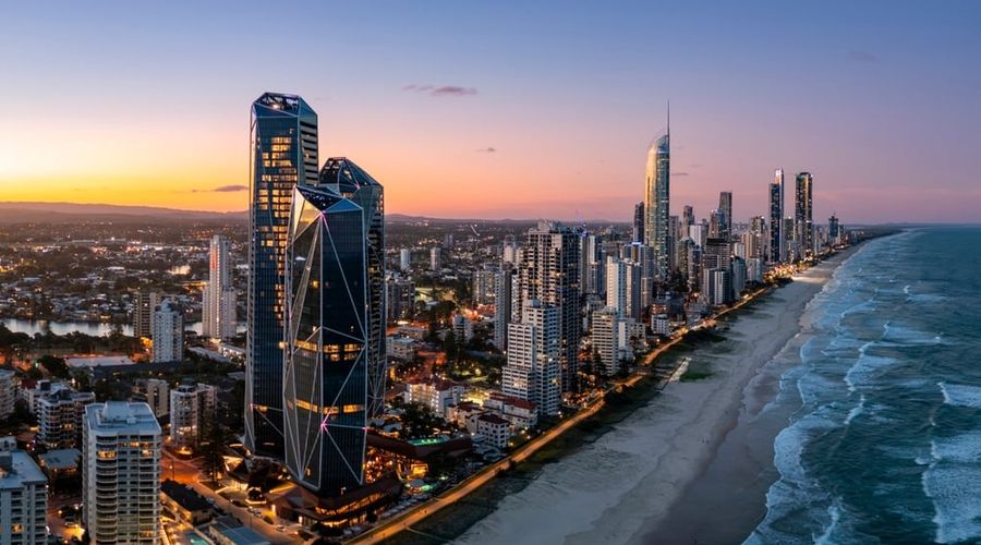 Sunset over the Gold Coast shoreline in Queensland, Australia