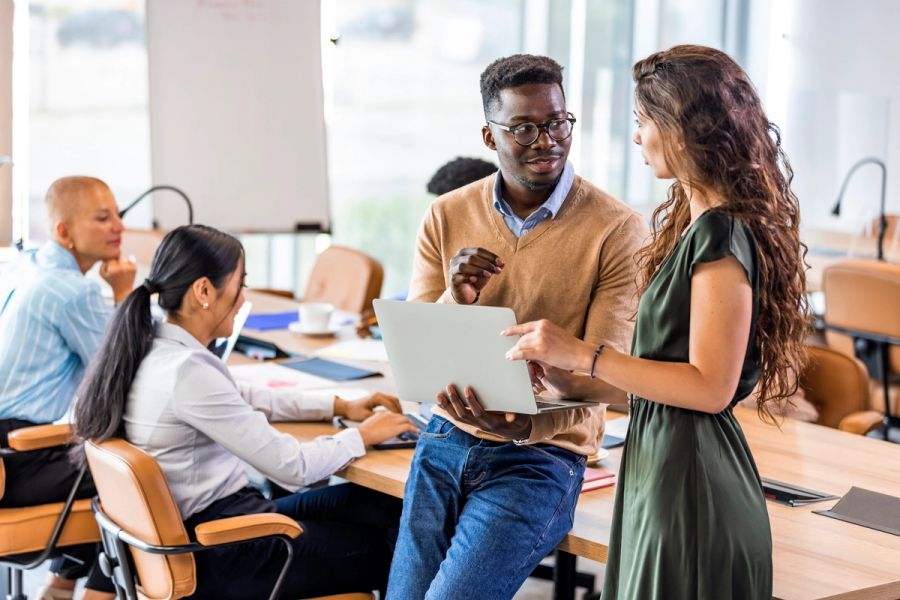 person talking during meeting in modern office
