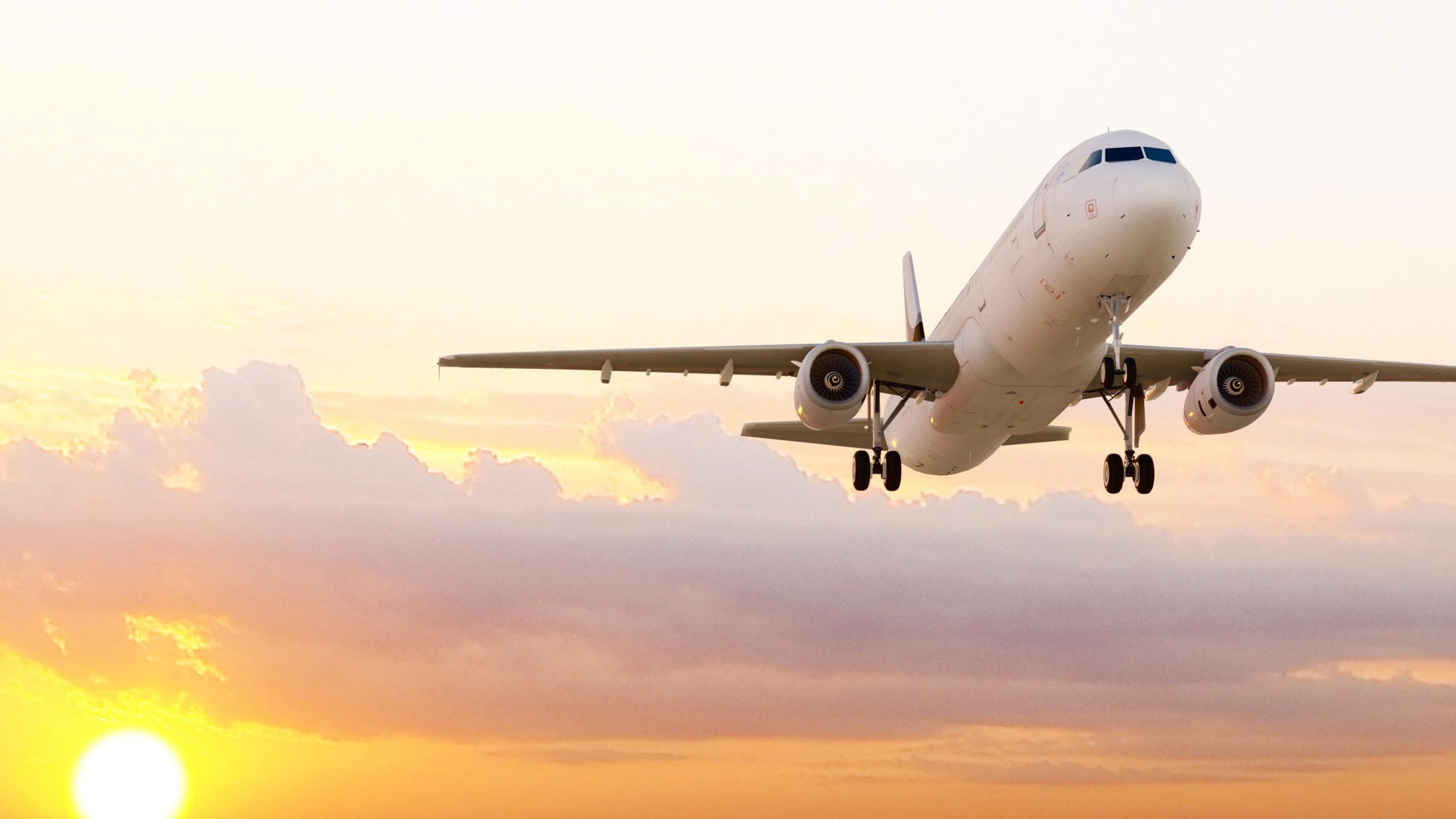 plane flying in the sky as the sun sets