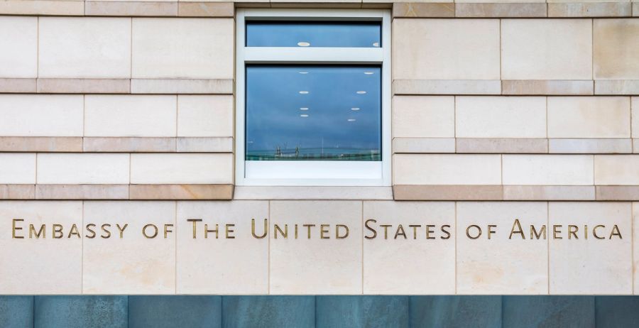 Closeup of an embassy of the United States of America